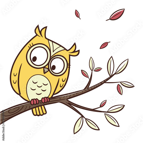 A cute cartoon illustration of a wise brown owl with big wings sitting on a tree branch under a night moon in a funny vector art design