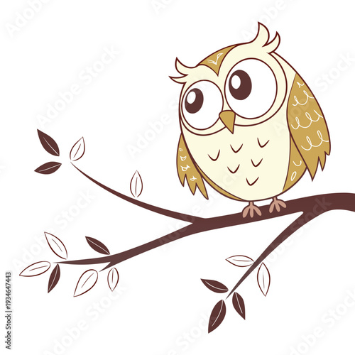 A cute brown cartoon owl with wide wings sits on a tree branch under the moon in this wise nature vector illustration