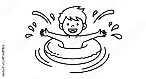 Child playing in inflatable ring in water with splashes.
