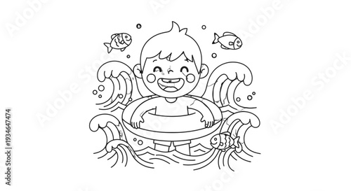 A happy child swimming with a life jacket surrounded by fish and waves.