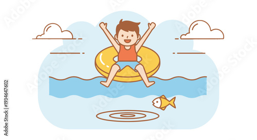 Happy child floating on inflatable ring in the water.