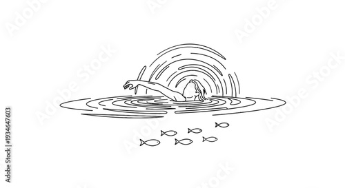 Simple line drawing of a bird diving into water with ripples and fish.