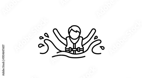 Simple line drawing of a person drowning in water with splashes.