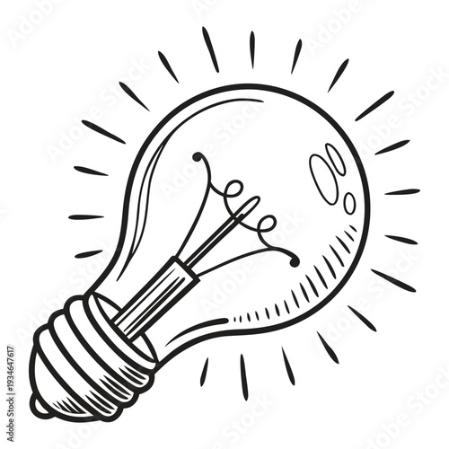 Minimalist yellow light bulb vector illustration featuring a glowing filament and clean lines for a modern creative concept icon