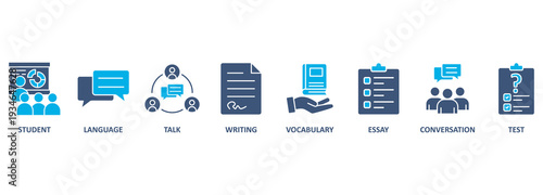 English class banner web icon vector illustration concept with icon of student, language, talk, writing, vocabulary, essay, conversation, test 