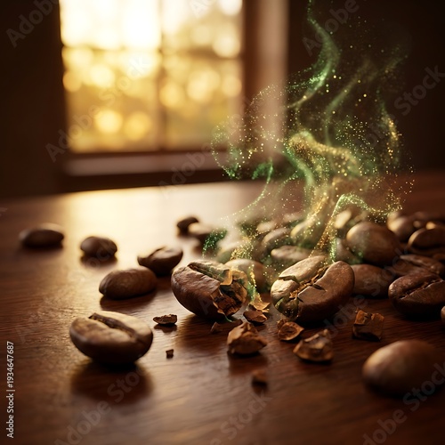 Smoking coffee beans on a wooden table by a window