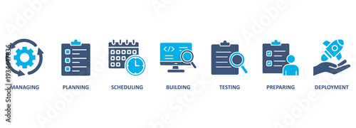 Release management banner web icon vector illustration concept with icon of managing, planning, scheduling, building, testing, preparing and deployment 