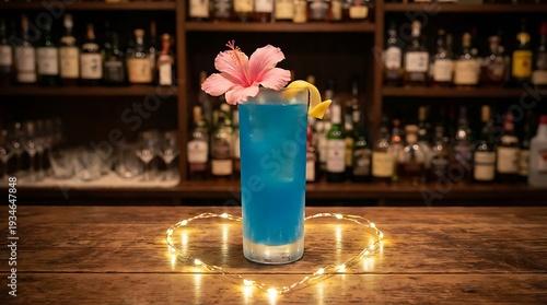 A blue cocktail with a pink flower garnish on a wooden bar