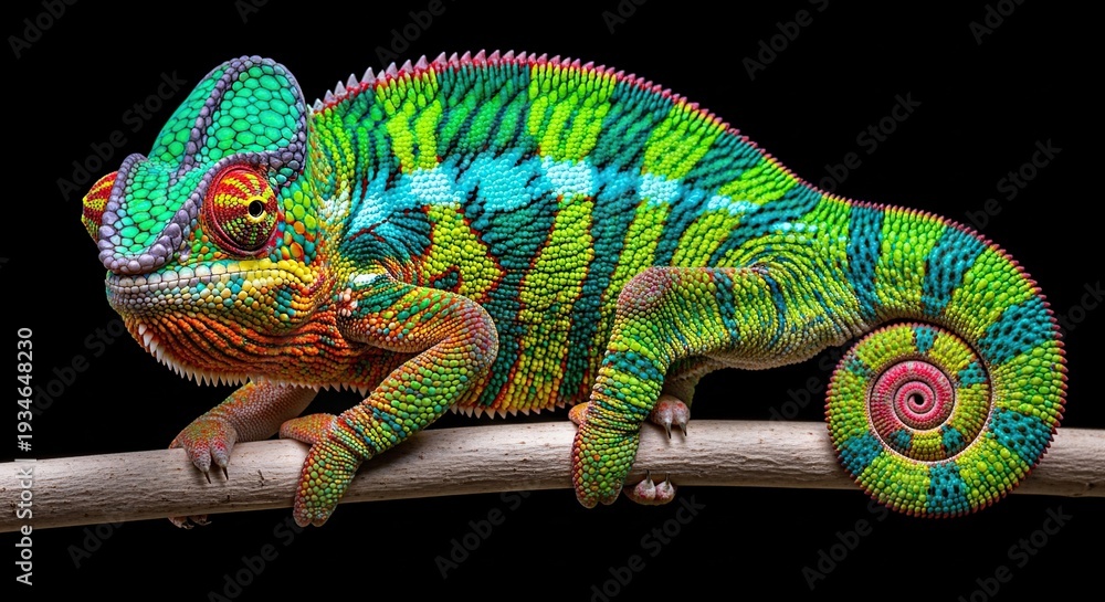 Obraz premium Colorful Chameleon Resting on Branch Detailed Skin Texture Studio Lighting Black Background