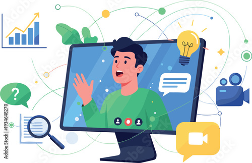 Online Video Conference Presenter Explaining Digital Marketing Strategy with Analytics Icons and Virtual Communication Interface Vector Illustration