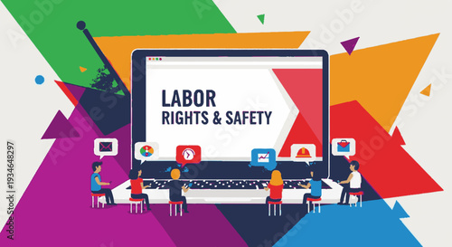People discussing labor rights and safety on computers with colorful geometric background