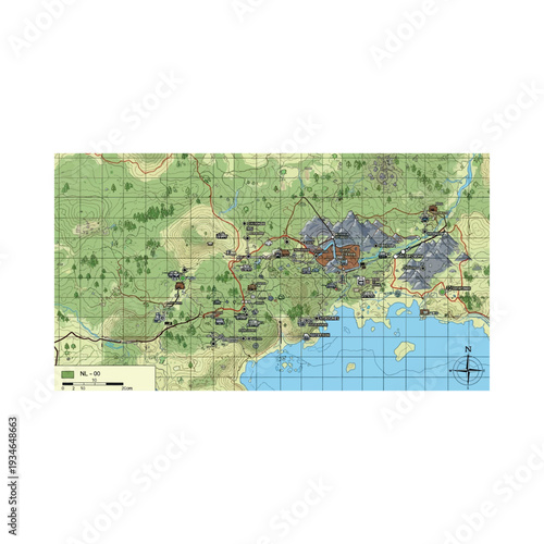 Detailed Topographic Map with Grid Overlay.