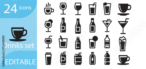 Vector icon set of wine bottle and glasses with assorted drink symbols for cafe and restaurant design