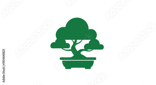 Green bonsai tree silhouette in a pot against a white background.