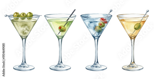 A charming watercolor collection of martini cocktails for bar menus and beverage branding.