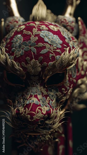 Ornate red and gold dragon mask with intricate floral patterns