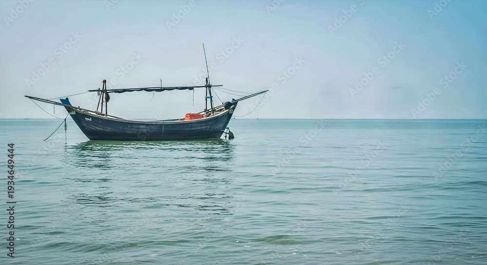 Naklejka premium Small fishing boat on calm sea, peaceful marine and fishing lifestyle concept