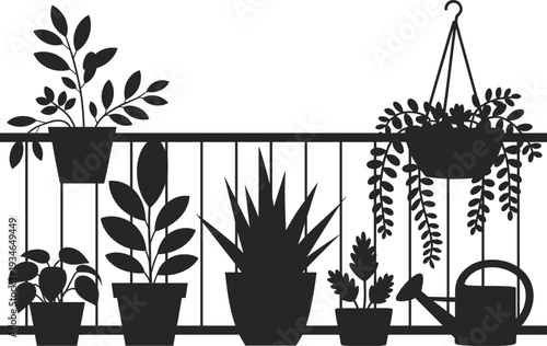 Balcony Plants Silhouette with Watering Can and Railing illustration