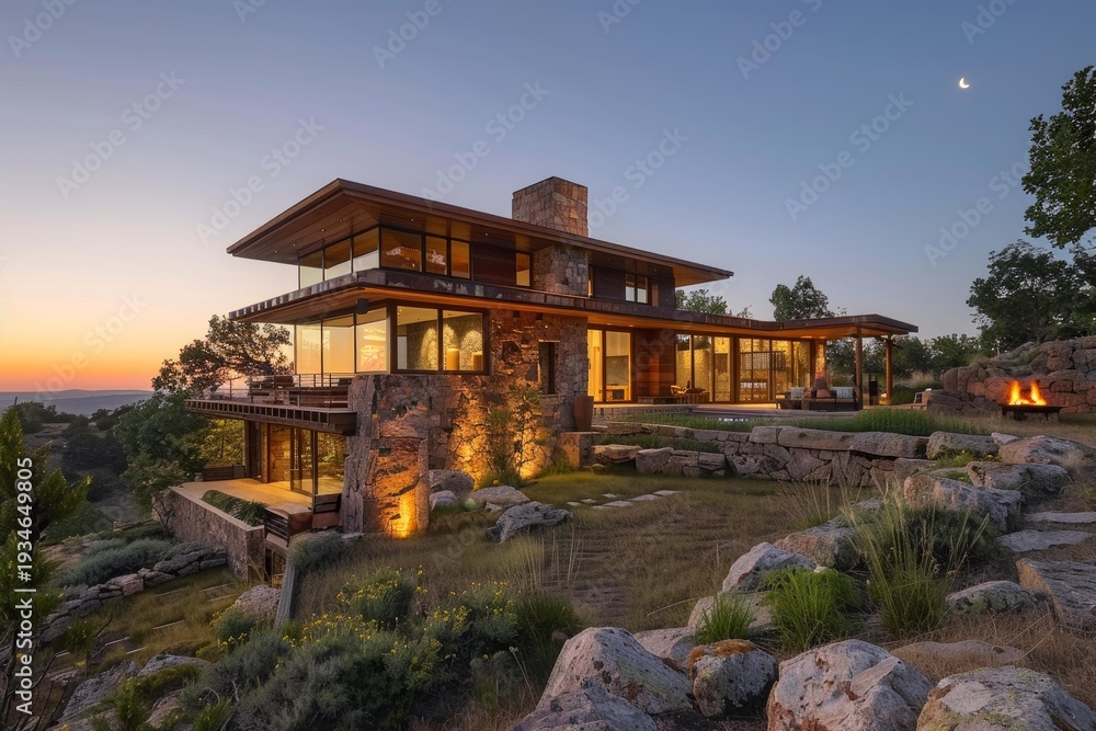 Fototapeta premium Illuminated modern house blending stone and glass architecture, nestled on a hillside overlooking a picturesque valley at sunset