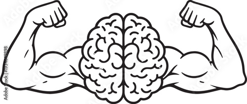 Strong muscular arms holding brain power concept illustration for intelligence strength and mental fitness success
