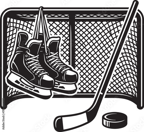 Ice Hockey Goal Net with Skates, Stick, and Puck Icon