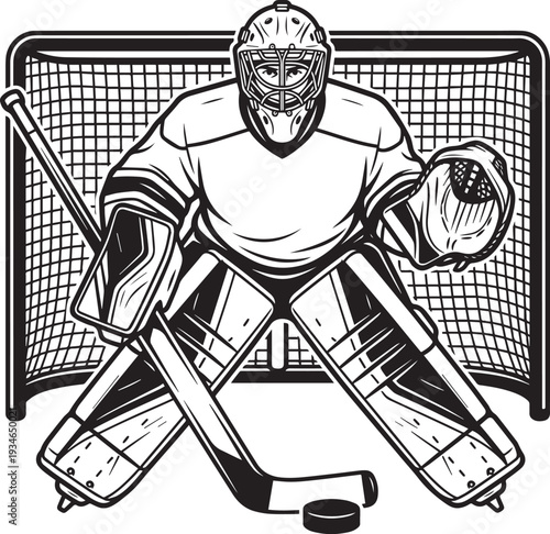 Ice Hockey Goalie in Position with Puck and Net Silhouette