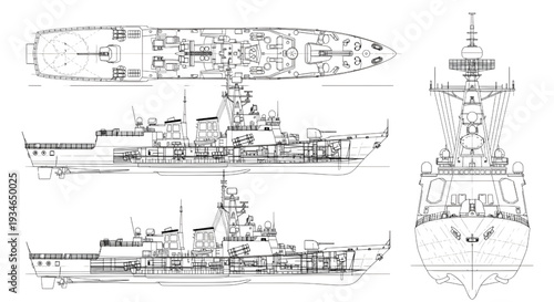 Military Ship AutoCAD Blueprint Vector – Multi View Naval Vessel Technical Drawing