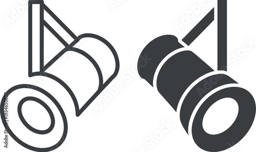 Spotlight Icon Illustration, Featuring Two Crossed Spotlights at 90 Degrees, One Line Art and One Solid Black Design
