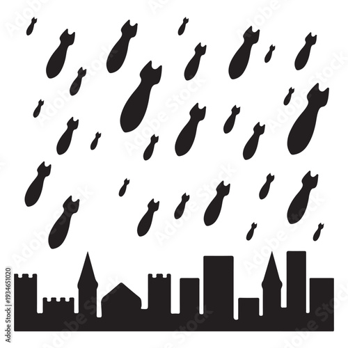 Black and White Vector Illustration of Bombs Falling Over City Skyline
