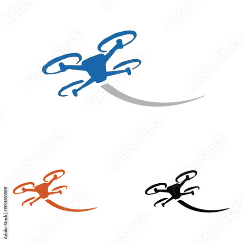 Stylized Drone Icons with Flight Path on White Background