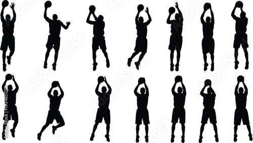 Black Basketball Player Silhouette Vector Set Featuring Various Athletes Jumping and Shooting Hoops Isolated on White Background for Sports Graphic Design