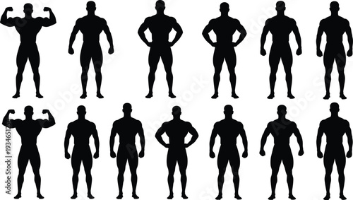 Black Bodybuilder Silhouette Vector Set Featuring Muscular Men in Fitness Poses and Athletic Stances Isolated on White Background for Gym Graphic Design