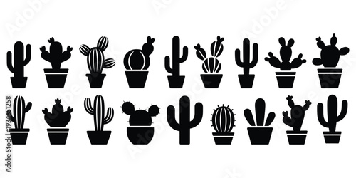 Collection of black silhouette cactus icons in pots on white background Keywords: cactus, cacti, succulent, plant, potted plant