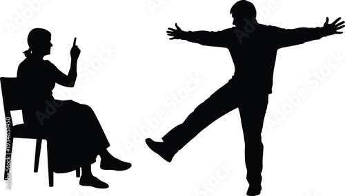 Black silhouette of a woman sitting and scolding a man while he balances and gestures playfully on a white background