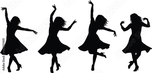 Black silhouette of a young woman jumping dancing and stretching with arms raised in joy wearing a t-shirt and leggings for fitness.