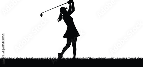 Black Silhouette of Female Golfer Hitting Ball with Club on Grass Field Isolated on White Background for Professional Sports Stock Vector