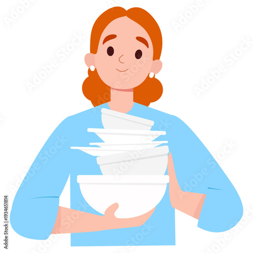 Young Woman Mother Carrying a Stack of White Bowls and plates after washing