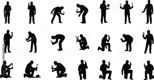 Black silhouette set of a male worker or technician using hand tools while standing and kneeling for industrial repair and construction maintenance.