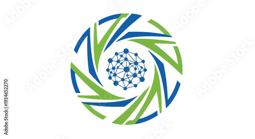 Logo design featuring blue and green swirling lines forming a circle with a white and blue star pattern center against a white background.