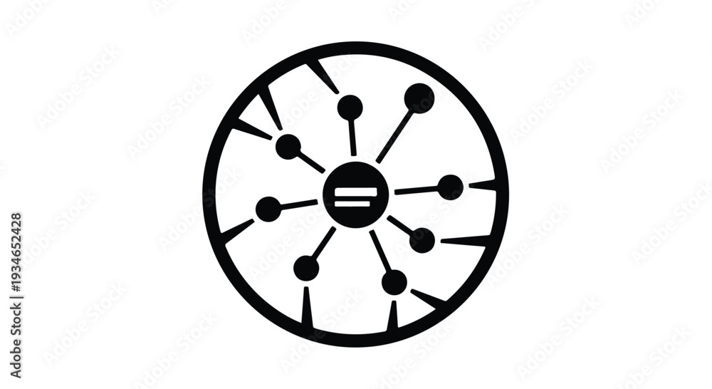 Obraz premium Black line illustration of a circular network diagram with connected nodes on a white background.