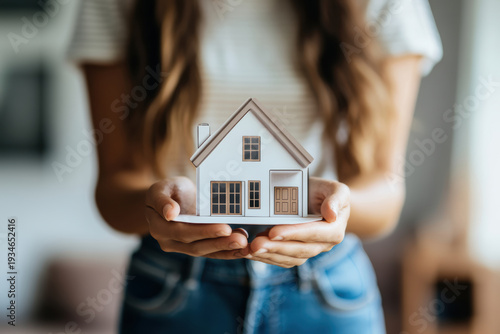 Model house held by a person in casual clothing indoors