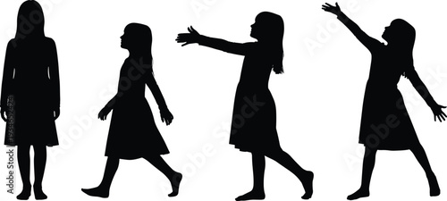 Black silhouettes of a family and children skiing in winter gear with poles and helmets isolated on a white background