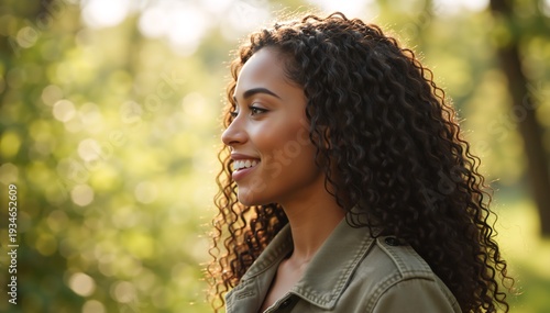 Profile of a smiling young woman with curly hair outdoors. Side view of happy female face in nature with sunlight