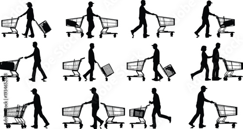 Black silhouettes of diverse people pushing and pulling empty and full shopping carts on white background for retail and consumerism concepts