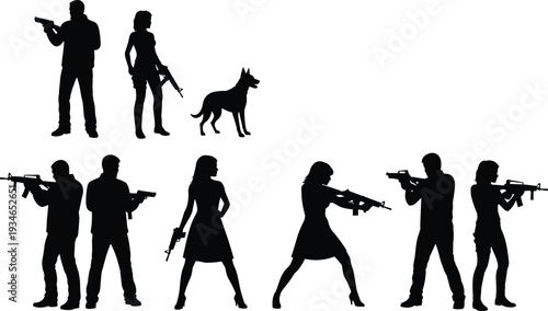 Black silhouettes of men and women holding guns and rifles with a police dog isolated on a white background