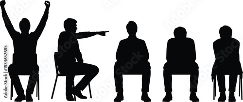 Black silhouettes of men sitting on chairs in different poses like cheering and pointing isolated on a white background for business concepts