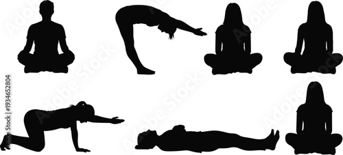 Black silhouettes of people practicing yoga and meditation poses including lotus position and stretching isolated on a white background