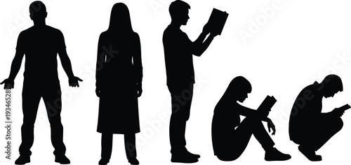 Black silhouettes of people standing and sitting while reading books isolated on white background for education, literacy and learning concepts