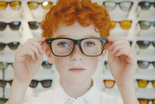 Young child trying on glasses in an eyewear store