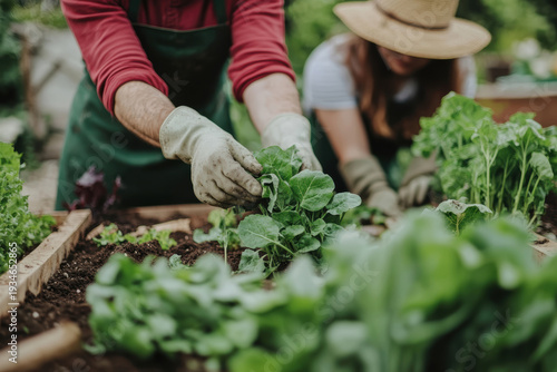 Gardening activities with two people planting vegetables in a raised bed garden